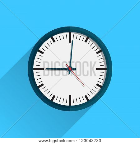 Clock flat icon. World time concept. Business background. Internet marketing Daily infographic. Vector illustration in flat design on blue background with long shadow