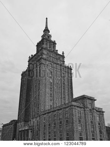 The building of the Academy of Sciences of Latvia in Riga. Black and white.