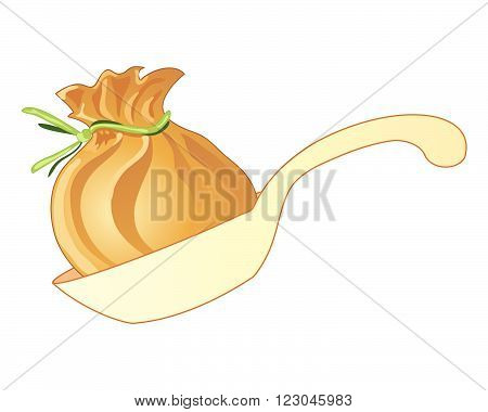 an illustration of a plastic spoon with a single chinese wonton appetizer tied with chive greens on a white background