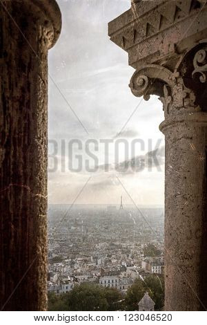 Old postcard with rooftop and aerial view from Sacre Coeur Basilica in Paris France.