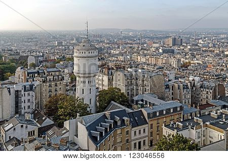Rooftop and aerial view from Sacre Coeur Basilica in Paris France.