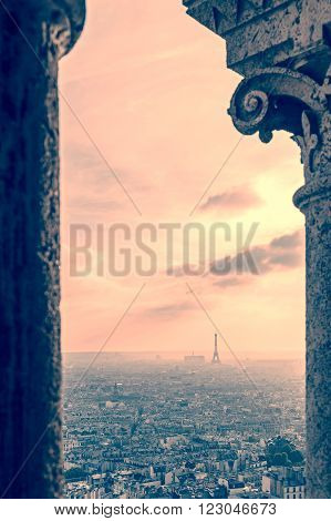 Vintage postcard with rooftop and aerial view from Sacre Coeur Basilica in Paris France.