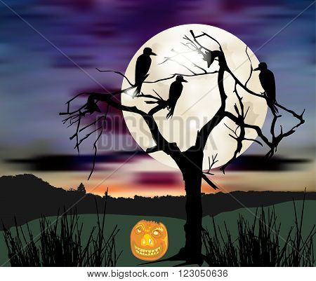 Dark scary halloween landscape with silhouette of tree, moon, birds and pumpkin