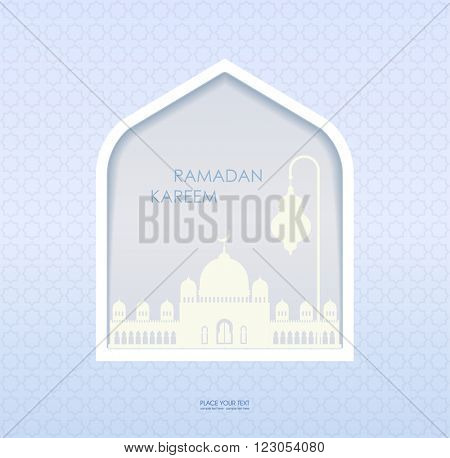 Eid al adha. Greeting card template on Eid Al-Fitr muslim religious holiday with lanterns on blurred lights background. Mosque for Islamic holy month of prayer, Ramadan Kareem celebration