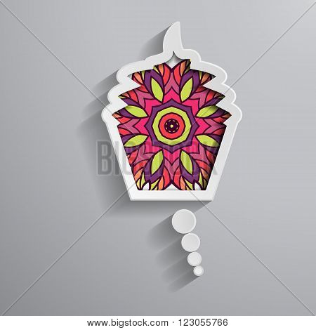 Colorful white speech bubble of mufin. Cut paper design whith round ornament
