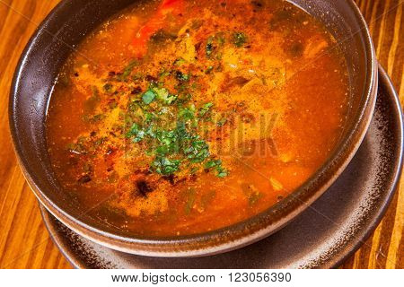 Shurpa with lamb, vegetables, spices and herbs