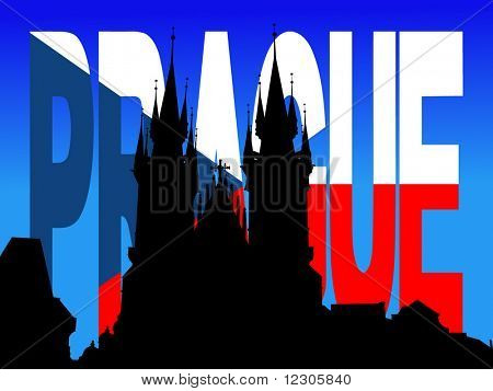 Tyn kyrkan Prag med flaggan text illustration
