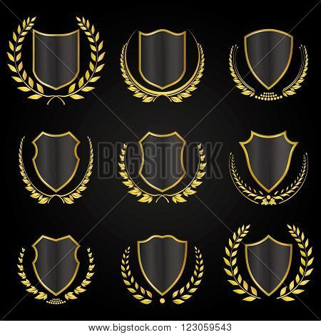 Collection of Black Shields with different styles of Laurel Wreath with golden tone