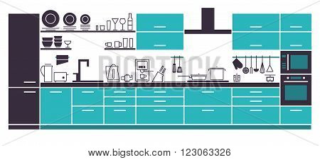 Vector Illustration of Modern Kitchen Cabinets and Household Equipment in Line Style for Your Design Banner or Flyer.