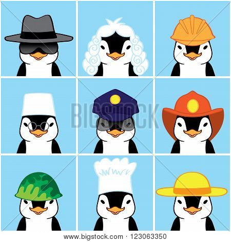 Cute Penguins of Different Professions. Vector Illustration.