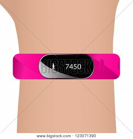 Vector illustration of fitness bracelet and hand. Pink strap watch tracker for sports.