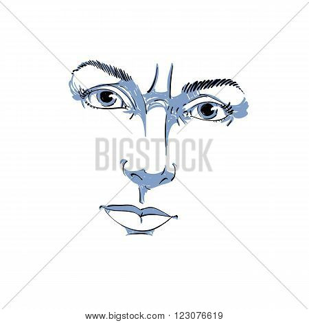 Monochrome hand-drawn portrait of white-skin doubtful woman face features and emotions theme illustration. Angry lady with wrinkles on her forehead posing on white background.