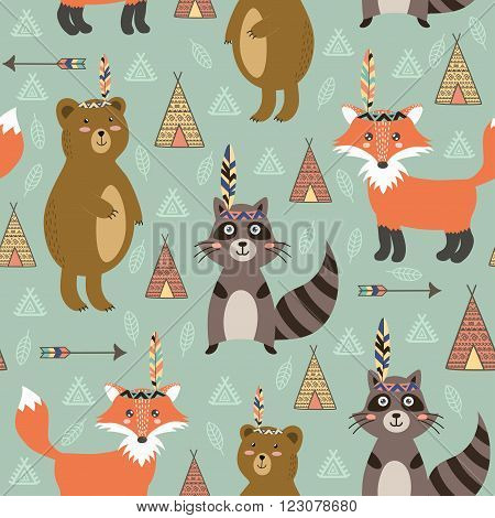 Tribal seamless pattern with cute animals. Vector illustration