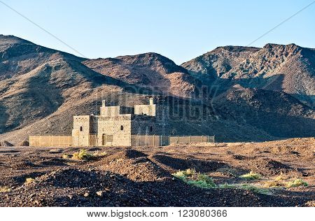 Mountain view with Turkish fort on the road from Medina to Al Ula.