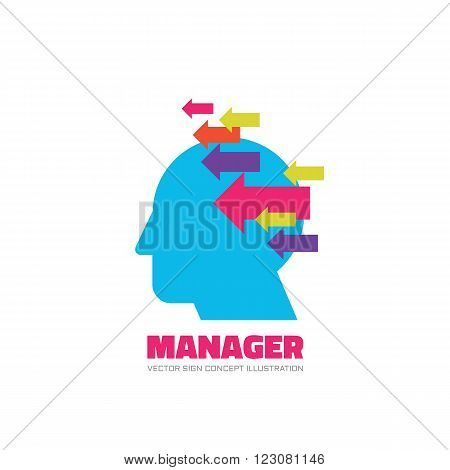 Manage vector logo concept illustration. Creative idea logo. Human head logo icon. Learning logo. Education logo sign. Thinking logo sign. Brain logo sign. Imagination logo design. Human head & arrows