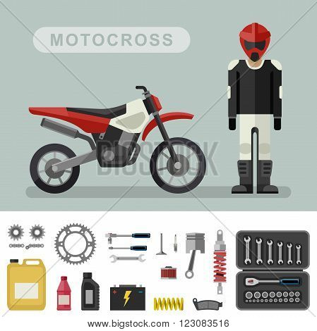 Motoctoss bike with parts in flat style. Vector illustration of motocross bike with biker. Moto parts and tools icons.