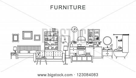 Vector line illustration of furniture and home decoration.