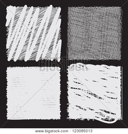 Collection of backgrounds with linear doodles. Black and white pattern with hand drawn lines. Abstract squiggly minimal lines entangled set. 4 unique backgrounds to entangled thin and bold lines.