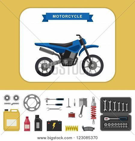 Motorcycle with parts in flat style. Vector simple illustration of motocross bike with moto parts and tools icons.