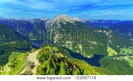 Beautiful view from top of cableway above the Konigsee lake on Schneibstein mountain ridge. Border of German and Austrian Alps, Europe.