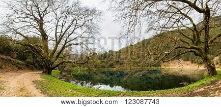 small lake louros with trees and fresh water in north Greece close to Ioannina