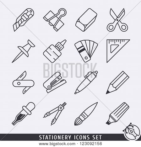 Stationery icons set black and white lineart
