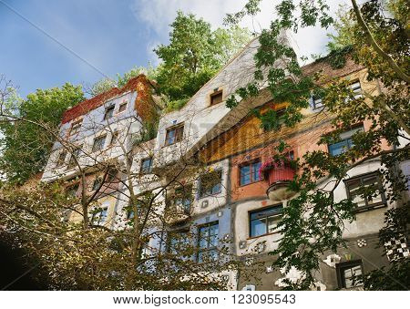 The view of Hundertwasser house in Vienna Austria