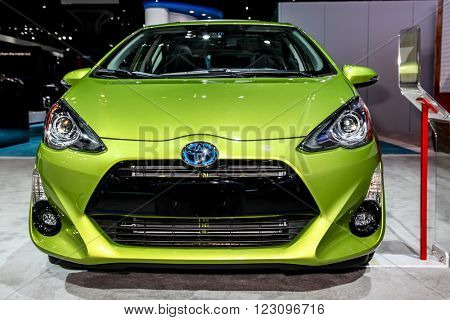 NEW YORK - March 23: A Toyota Prius c exhibit at the 2016 New York International Auto Show during Press day,  public show is running from March 25th through April 3, 2016 in New York, NY.