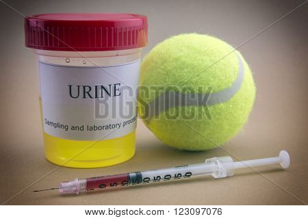 Tests for Research of urine along with a ball of tennis, concept of doping in the sport