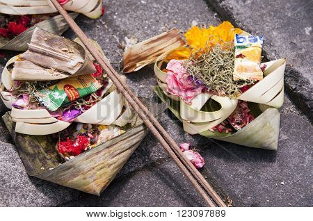 Hindu offerings and gifts to god in the temple in Bali Indonesia