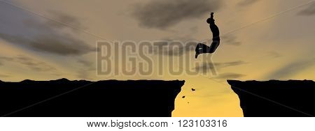Concept or conceptual young 3D man or businessman silhouette jump happy from cliff over  gap sunset or sunrise sky background banner