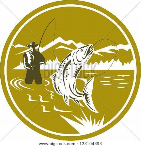 Illustration of a fly fisherman fishing casting rod and reel reeling trout fish viewed from front with mountains set inside circle done in retro style