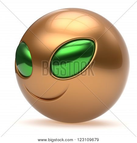 Alien face smiley cartoon cute head emoticon monster ball golden green avatar. Cheerful funny smile invader person character toy laughing eyes joy icon concept. 3d render isolated