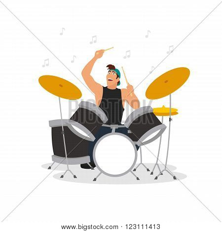 young drummer playing the drum kit. isolated illustration. vector illustration.