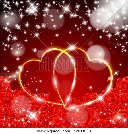 Kırmızı Sevgililer günü kartpostal iki altın Kalpler ile