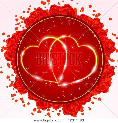 İki altın Kalpler ile kırmızı Sevgililer Günü tebrik kartı