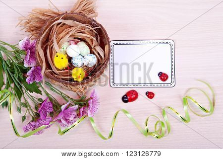 Nest with eggs and yellow chicks near lilac flowers and a sign for the inscription on the wooden background