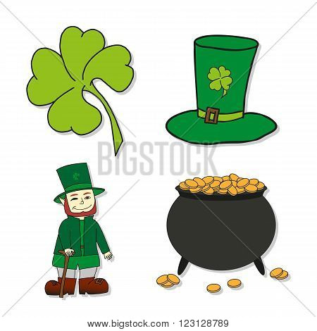 St. Patrick's Day icons - Leprechaun Leprechauns hat pot of gold and clover. Vector illustrations.