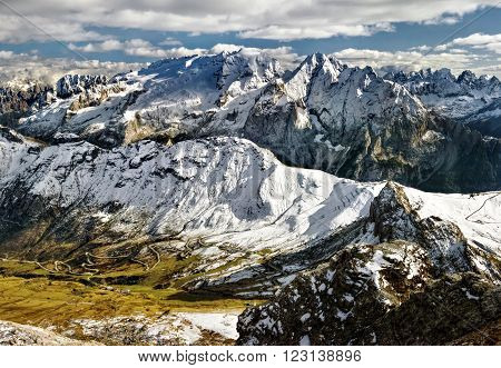 view from Sass Pordoi to massif Marmolada, Dolomites, Italy