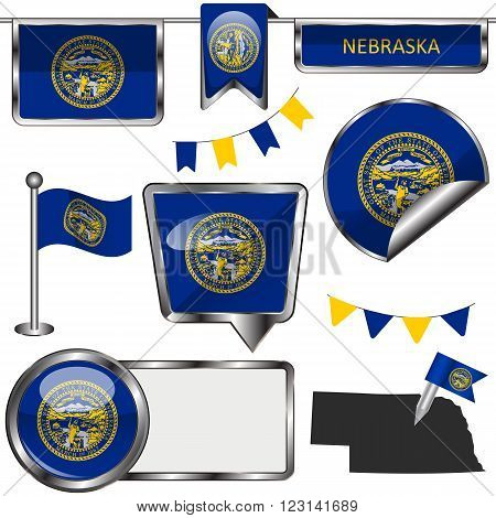 Glossy Icons With Flag Of State Nebraska