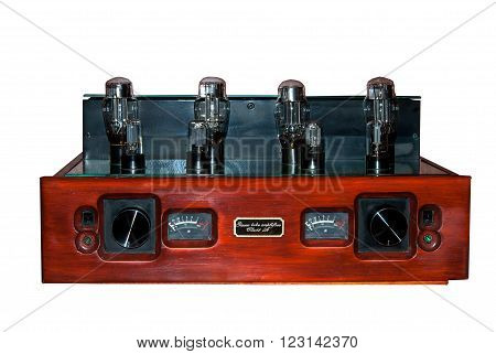 tube amplifier made of wood and a mirror panel with 8 lamps