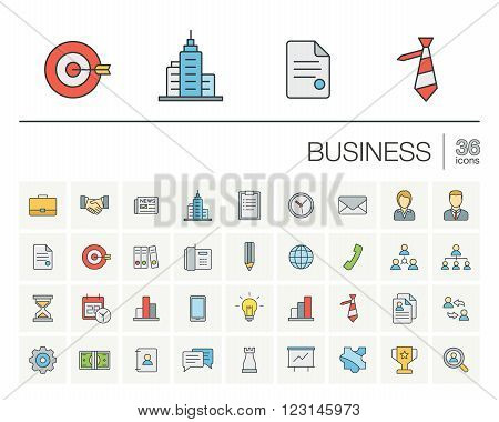 Vector thin line icons set and graphic design elements. Illustration with business and management outline symbols. Marketing research, strategy, service, career, mission, analytic linear pictogram