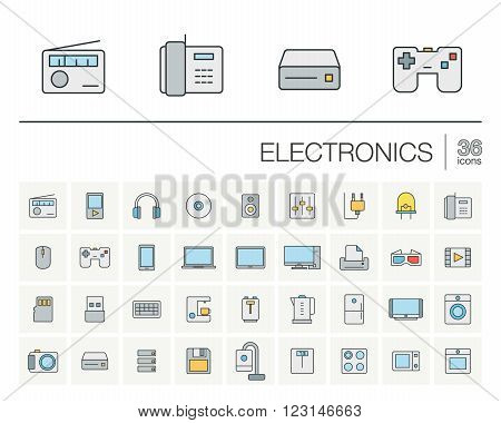 Vector thin line icons set and graphic design elements. Illustration with electronics, multimedia and technology outline symbols. Music, film, phones, joystick, video, kitchen gadgets linear pictogram