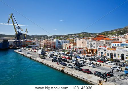 SYROS, GREECE - MARCH 06, 2016: Town of Ermoupoli on Syros island as seen from the ferry on March 04, 2016.