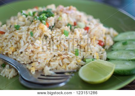 Fried rice with egg on soft focus