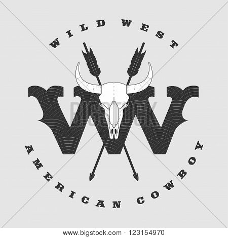 Vector concept logo Wild West for company product event. Bull horns and skull eye catching sign