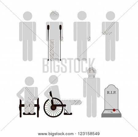 Stock vector set of isolated characters, disabled, bandaged hands, legs, head, neck, consequences on crutches, wheelchair in flat style  for icons, websites, printed materials, games, motion design
