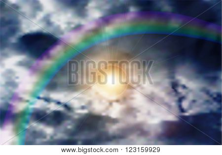 Dark blue sky with white clouds, pink, green, yellow and blue rainbow and sunlight
