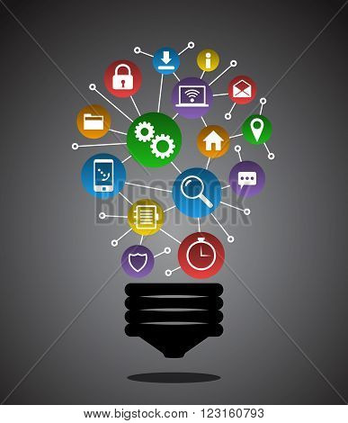 Light bulb with colorful networking icons abstract concept.