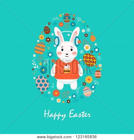 Stock vector illustration Happy Easter bunny in T-shirt with cupcake, colored eggs, spring decoration, leaves, flowers in flat style on blue background to printed material, website, postcard, greeting